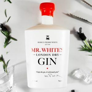 Mr. White’s London Dry Gin – 40% - Created by Marco Pierre White in collaboration with Chris Sadler a sixth generation Master Distiller-   Small Batch Distilled, 700ml – Infused with Botanicals for a bold, bright, and smooth finish.